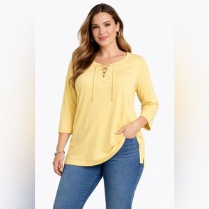 Lands’ End XL Yellow Lace-Up Neck Tunic Top 3/4 Sleeve Cotton Knit Top